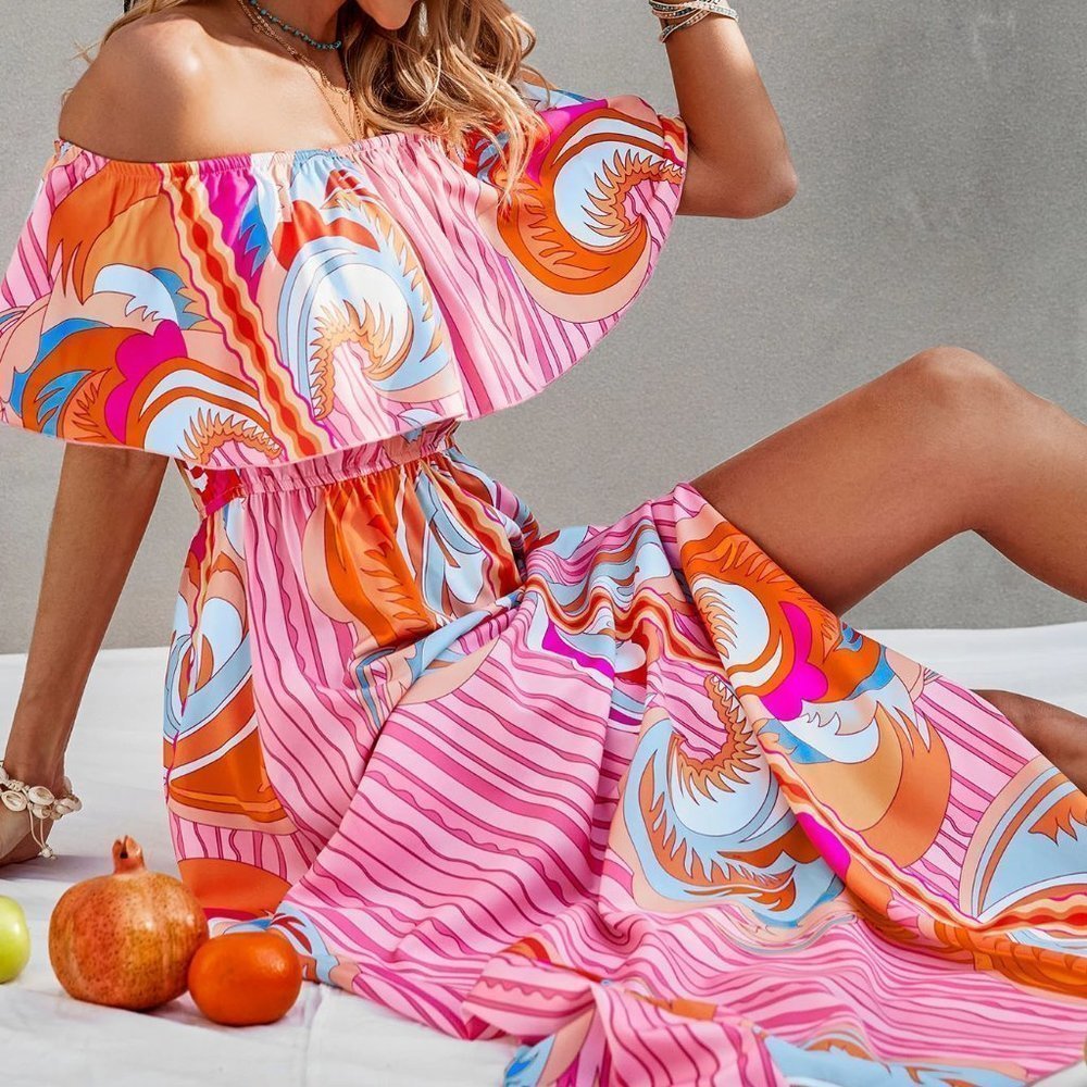 Contemporary Graphic Print Off Shoulder Split Thigh Dress - Picture 4 of 5